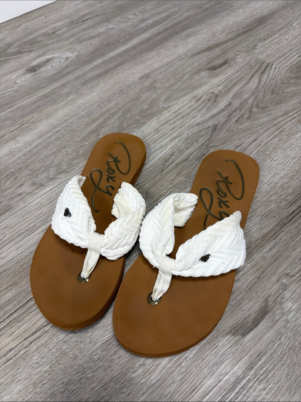 Roxy White Knotted Fabric Toe-Post Sandals with Tan Footbed